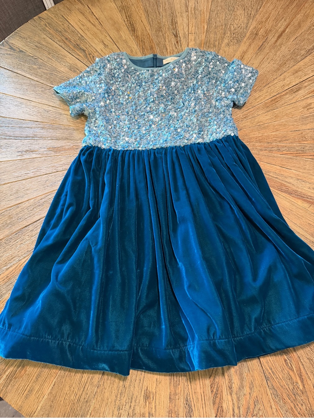 Mini Boden Girls 9-10 Velvet Sequin Party Dress Drummer Blue Holiday Icy teal